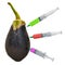 Eggplant with a syringes full of chemicals. Genetic Food Modification, concept. 3D rendering
