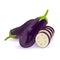 Eggplants, aubergine or brinjal with green stem and sepals. Two whole dark purple vegetables and cut to segments.
