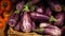 Eggplants are on display in the supermarket. organic vegetables