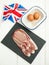 Eggs and bacon ingredients with british flag