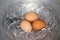 Eggs, Boiled egg in the pan, Raw Egg Reddish yellow in Hot water is boiling cooking Selective Focus