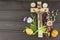 Eggs Christian Easter symbol. Preparation for Easter celebrations. Wooden cross with Christ.