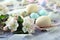 Eggs, Easter decoration, apple tree flowers on a wooden surface