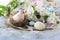 Eggs, Easter decoration, apple tree flowers on a wooden surface