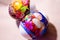 Eggs. Easter eggs. Easter decor. Eggs in labels. Two eggs. White eggs with holiday stickers.