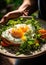 Eggs for Energy: A dynamic photo of a person enjoying a healthy keto breakfast with a poached egg, avocado and arugula