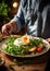 Eggs for Energy: A dynamic photo of a person enjoying a healthy keto breakfast with a poached egg, avocado and arugula