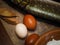 Eggs, flour, and fish. Food preparation products