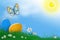 Eggs, grass, butterfly and blue sky