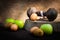 Eggs , kiwi , measuring type , apple and dumbbells for training