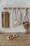 Eggs packing and other kitchen utensils on the kitchen table. Rustic kitchen interior