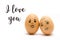 Eggs with painted emotions, psychology of feelings of love and communication on a white background, with the text I love you