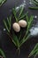 Eggs and Ramson on a black table, wood garlic and flour