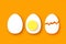 Eggs in shell, half. Broken egg and yolk. Farm products. Fast food. Natural product. Orange background.