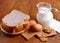 Eggs ,soybeans ,milk and bread on wooden background.