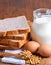 Eggs ,soybeans ,milk and bread on wooden background.