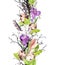 Eggs, spring crocus flowers, branches, leaves, feathers. Floral seamless border for Easter. Watercolor