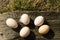 Eggs on a wooden background in sunlight, chicken eggs.