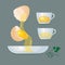 Eggs, yolks, eggshells, glass bowl, cups.