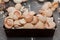 Eggshell of newborn chicken chicks close-up against the background of incubation in an incubator, poultry farming