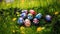 Eggstravaganza in Nature: Vivid Easter Eggs Scattered Across a Meadow. Generative AI