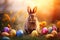 Eggstravaganza Revelry: Fluffy Bunny Engrossed in a Spirited Celebration of Easter Eggs. Generative AI