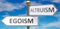 Egoism and altruism as different choices in life - pictured as words Egoism, altruism on road signs pointing at opposite ways to