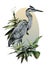 Egret stands full-length sideways and looks to the side composition in an oval painted with bushes with wide leaves and a flower