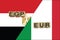 Egypt and Italy currencies codes on national flags background