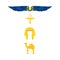 Egypt symbols - winged sun, ankh, nemes and camel