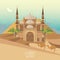 Egypt travel vector with mosque. Egyptian traditional icons in flat design. Holiday banner. Vacation and summer.