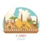 Egypt travel vector with pyramids. Egyptian traditional icons in flat design. Holiday banner. Vacation and summer.