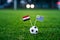 Egypt - Uruguay, Group A, Friday, 15. June, Football, World Cup, Russia 2018, National Flags on green grass, white football ball o