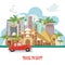 Egypt vector. Cairo advertising with retro red car. Egyptian traditional icons in flat design. Vacation and summer
