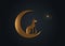 Egyptian Black Cat sitting on the crescent Moon, look at the stars. Golden Alchemy Logo Wicca symbol, boho style, gold tattoo icon