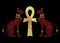 Egyptian cats and Antique golden ankh Egyptian religious symbol. Bastet, ancient Egypt goddess and cross, statue profile and cross
