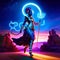 Egyptian goddess Durga with glowing neon sign, 3d illustration AI generated