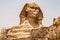 Egyptian Great Sphinx full body portrait head,with pyramids of Giza background Egypt empty with nobody. copy space