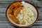 Egyptian hot steamed white rice with yellow lentils Koshary and deep fried stuffed mumbar which is basically intestines that are