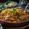 Egyptian Koshari & x28;Rice, Lentils, and Pasta& x29; in a Colorful Street Food Scene