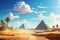 Egyptian landscape with Ancient pyramids and lake, desert in past