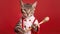 Egyptian Mau Cat Wearing A Chefs Hat And Apron Holding A Wooden Spoon On Red Background. Generative AI