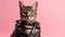 Egyptian Mau Cat Wearing A Leather Jacket And Sunglasses On Pink Background. Generative AI