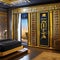 An Egyptian pharaohs bedroom with hieroglyph-adorned walls, a golden canopy bed, and luxurious drapes3, Generative AI