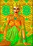 Egyptian princess in gold and emerald green with beautiful fashion cosmetics, make up and gold crown.