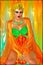 Egyptian princess in orange silks and emerald green with beautiful fashion cosmetics, make up and gold crown.