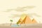 Egyptian pyramids, near an oasis with palm trees and water