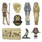 Egyptian symbols, pharaon, scorob, hieroglyphics and osiris head, god vintage, engraved hand drawn in sketch or wood cut