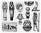 Egyptian symbols, pharaon, scorob, hieroglyphics and osiris head, god vintage, engraved hand drawn in sketch or wood cut