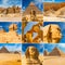 Egyptian travel collage. Square photographs sphinx, pyramids, tomb of the pharaohs, ancient ruins. Vacation holiday concept